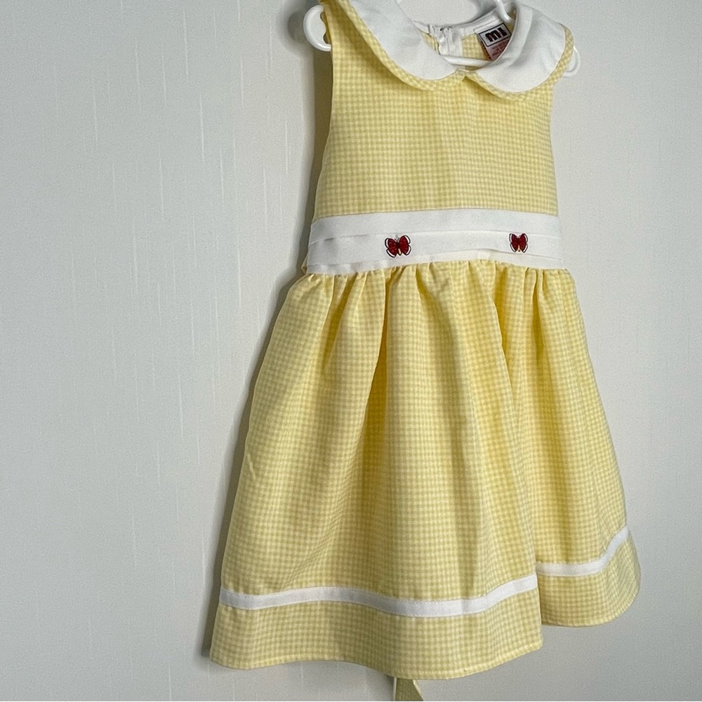 Yellow Gingham Embroidered Dress Butterfly Peter Pan Collar Vintage Girls Size 4 - Picture 2 of 12